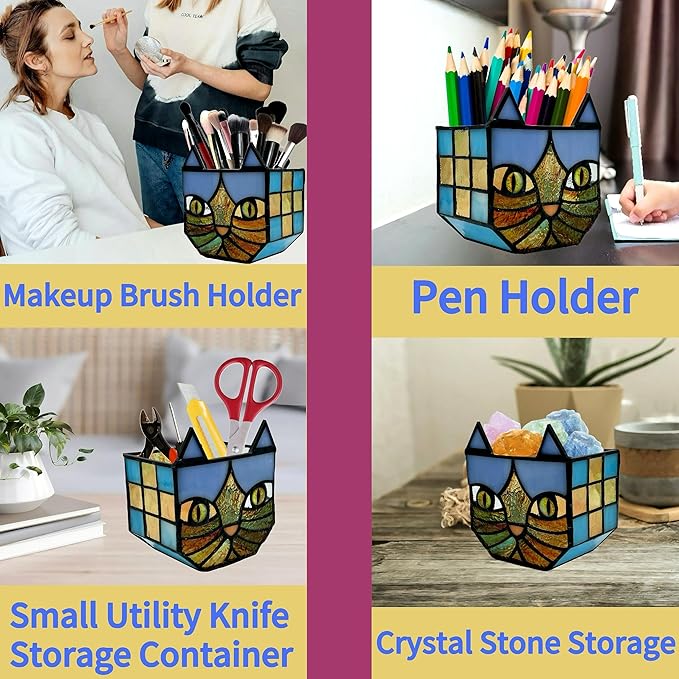 Tiffany Style Stained Glass Cat Flower Pots with Drainage,Funny Blue Cat Planter,Cute Garden Pots,Flower Pots for Indoor Plants,Gifts for Plant Lovers,4.6x3x5.15 in