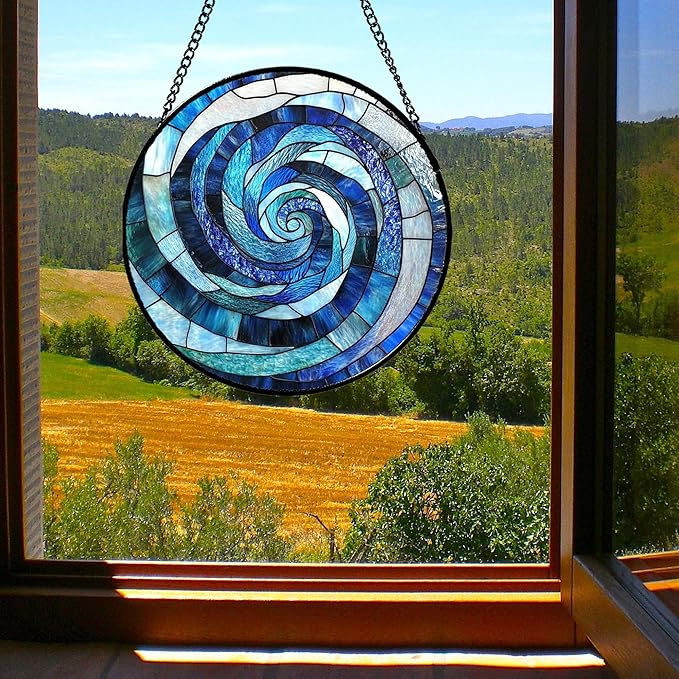 Stained Glass Window Hanging - Blue Abstract Swirl Suncatcher for Doors Garden Patio Unique Sun Catchers Decor Christmas Mother's Day Birthday Gifts for Women Men Mom Nana Friend 11.8 in
