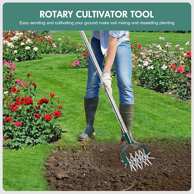Rotary Cultivator Tiller Adjustable S/S Handle Rotary Tiller with Detachable Solid Metal Tines Garden Cultivator Lawn Tiller and Manual Tiller for Loosing and Mixing Soil