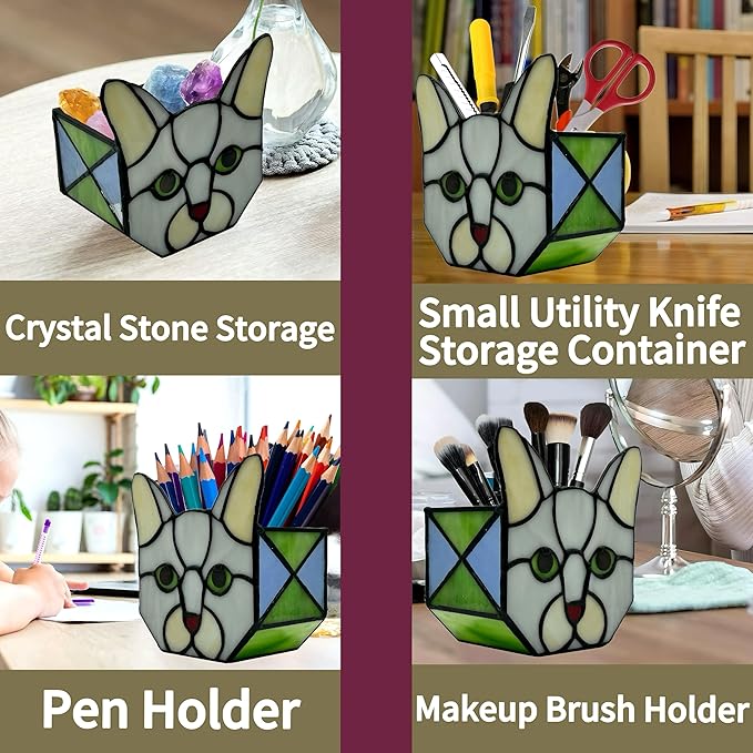 Stained Glass Grey Cat Succulent Planter,Grey Cat Flower Pot,Decorative Plant Pots,Cute Planters for Indoor Plants,with Drainage and Tray, Pen Holder Glass Container,Gifts for Plant Lovers