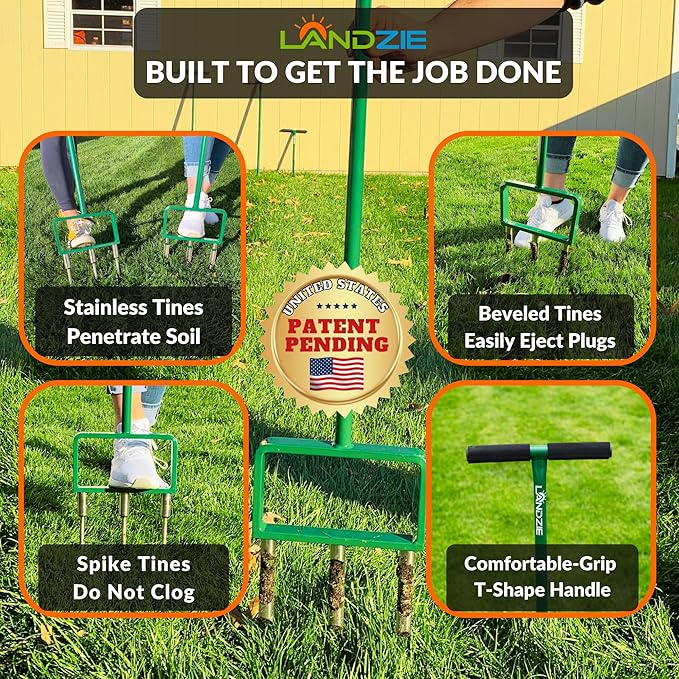 Landzie - The Original Hollow and Spike Tine Lawn Aerator Set - Includes 1 Aerator + Set of 3 Hollow Tines and 3 Spike Tines - 42 Inch Manual Stainless Steel Gardening Hand Tool