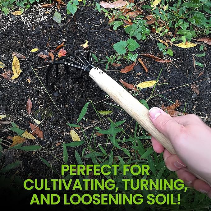 Garden Guru Hand Rake Cultivator Claw Soil Tiller - Military Grade Steel - Rust Resistant - 5 Tine Japanese Ninja Claw - Comfortable Wood Handle - Perfect Pulverized and Aerated Soil (4 Pack)