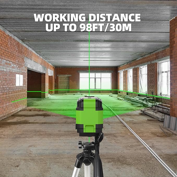 Laser Level, HUEPAR 98Ft Self Leveling Laser Level Green Line Laser Cross Line Laser Leveler Tool for Picture Hanging, Tile, Home Renovation, Indoor Project, Battery&Carrying Bag Includ with L-Bracket