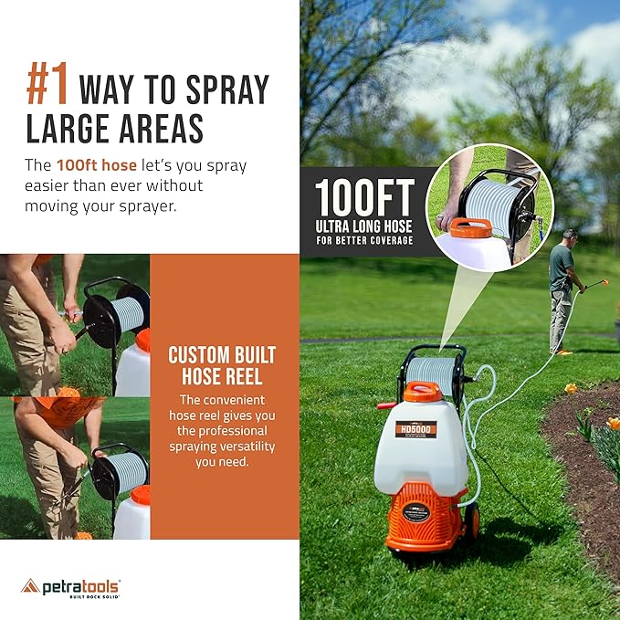 PetraTools Battery Backpack Sprayer with Custom Fitted Cart and 100 Foot Commercial Hose, 2 Hoses Included, Commercial Quality Heavy Duty Sprayer (HD5000 6.5-Gallon with Reel Cart)