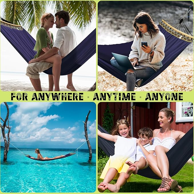 Tranquillo Double Hammock 2 Persons Cotton Canvas 600 lbs Portable Camping Hammock with Solid Curved Wood Spreader Bar Hammock for Camping Trave Outdoor Adventures Indoor Patio Garden, Navy