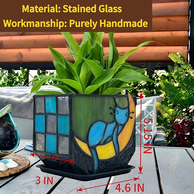 Tiffany Stained Glass Unique Moon Sleeping Blue Cat Planter,Indoor Plant Pots with Drainage,Cute Cat Planter Pots,Decorative Plant Pots, Dried Flowers Pot,Cute Gardening Gifts
