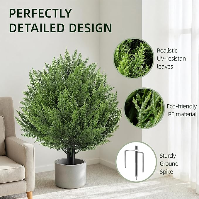 QCQHDU Artificial Cypress Topiary Ball Bush for Outdoor,24.8" Fake Trees Evergreen Plants with Ground Spike,UV Resistant Faux Cedar Shrubs for Indoor,Garden,Yard,Porch,Patio,Office,Home Decor,2 Pack