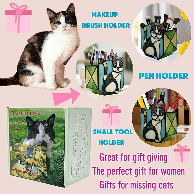 Handmade Stained Glass Indoor Plant Pot,Flower Pots with Drainage Holes,Black Orange Cat Planter Pot, Cute Succulent Pots,Plant Lover Gifts for Women (with a Gift Box)