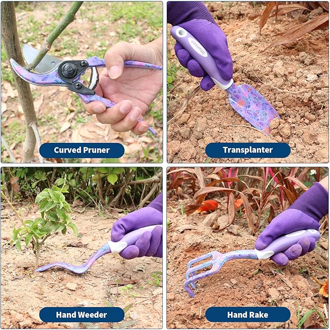 Purple Garden Tool Sets 10-Piece, Aluminum Alloy Steel Hand Tools w/Non-Slip Ergonomic Handle, Floral Print Garden Supplies Organizer Handbag, Cute Gardening Tools Gift for Women Grandmother