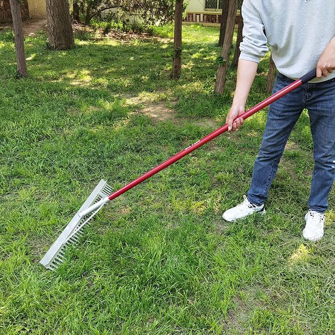 KYLIN Landscape Rake Heavy Duty with 36Tines 36Inch Wide Aluminum Head 60Inch Handle, Large Leaf Rake Tool for Loosening Soil, Lawn Care, Weeding Lake, Garden, Pond, Beach Landscaping
