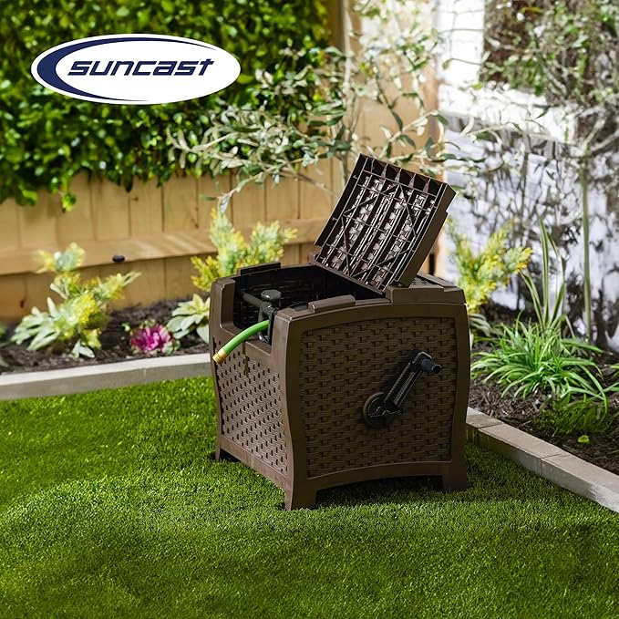 Suncast 2 Pack 175 ft. Wicker Style Resin Hose Hideaway with Hose Guide, Java, Mocha Brown