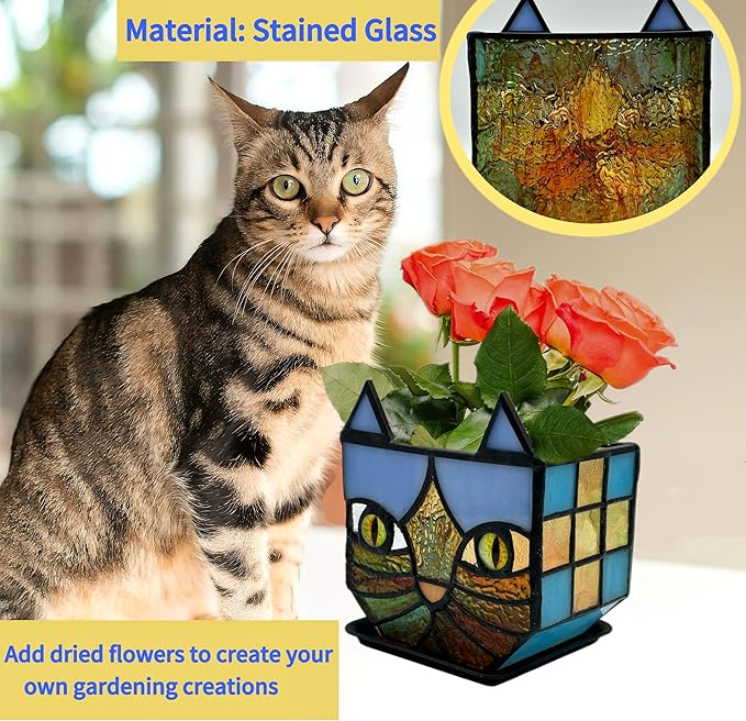 Tiffany Style Stained Glass Cat Flower Pots with Drainage,Funny Blue Cat Planter,Cute Garden Pots,Flower Pots for Indoor Plants,Gifts for Plant Lovers,4.6x3x5.15 in