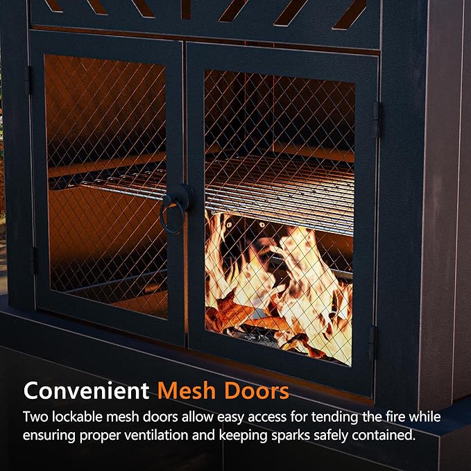 Outdoor Fireplace with Chimney and Wood Storage, Metal Wood Burning Fire Pit with Heat Resistant Gloves, Fire Poker and Grill Mesh, Outside Fireplace for Patio, Garden and Deck, Black