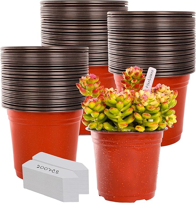 TDHDIKE 6 Inch Plastic Plant Nursery Pot/Pots (200pcs) with 200 Plant Labels - Red Seedling Flower Containers (Indoor/Outdoor)