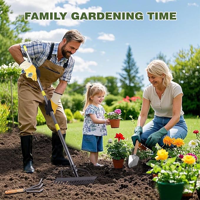 8 Piece Stainless Steel Gardening Tool Set - 17 Tine Heavy Duty Rake, 5 Piece Hand Tool Kit, Pruning Shears, and Gloves - All Season Gardening Essentials