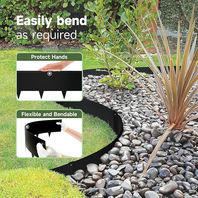 Steel Landscape Edging - 40" LX 8" H Metal Garden Edging - Landscape Lawn Edging - 20FT Total 6 Pcs - No-Dig Hammer Heavy Duty Metal Edging Bendable Border Strips for Lawn Yard Black GJWCVL - 6 Clips