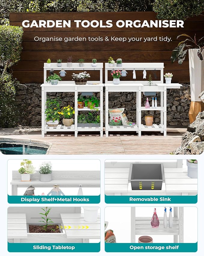SERWALL Outdoor Potting Bench 2-Piece Set, Rot-Resistant HDPE Potting Table with Removable Sink for Outside Gardening, All-Weather Use - White