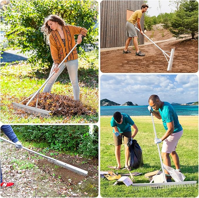 Landscape Rake 36 Inch Head, Leaf Rakes for Lawns with 67 Inch Handle,Aluminum Yard Tool for Loosening Soil, Landscaping Lawn Care , Lake Garden Pond and Beach Care