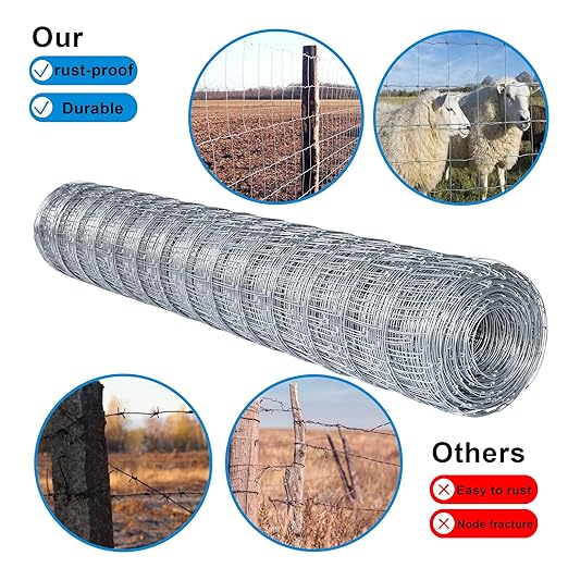 Farm Fence 6ft x 164ft Heavy Zinc Coating Cattle Deer Goat Fence,Galvanized Field Wire Fencing,Hog Wire Fencing for Yard Livestock & Animals Protection