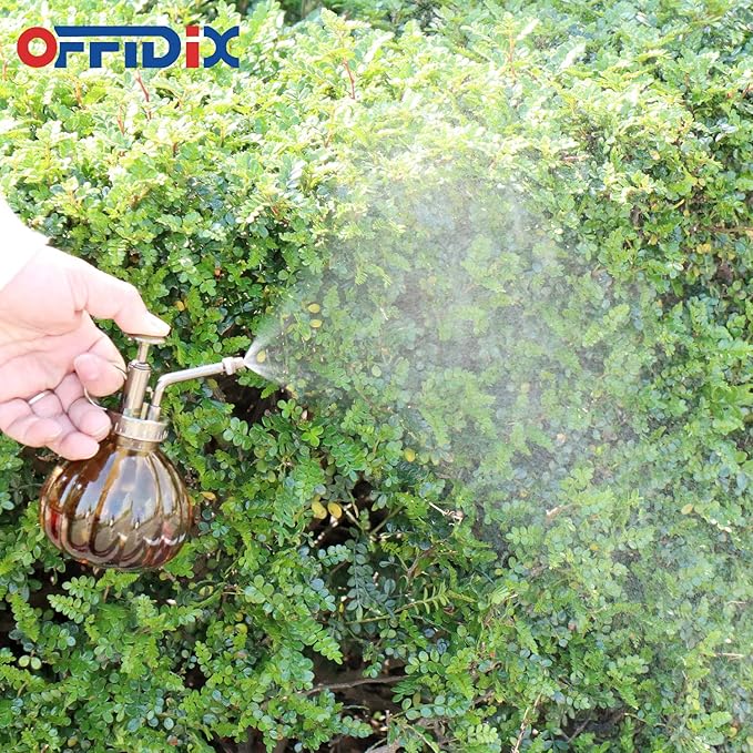 OFFIDIX Glass Watering Spray Bottle,Plant Mister Flower Water Spray Bottle Can Pot 6.3" Tall Vintage Pumpkin Style Spritzer Bronze Plastic Top Pump One Hand Glass Watering Can Indoor(Brown)