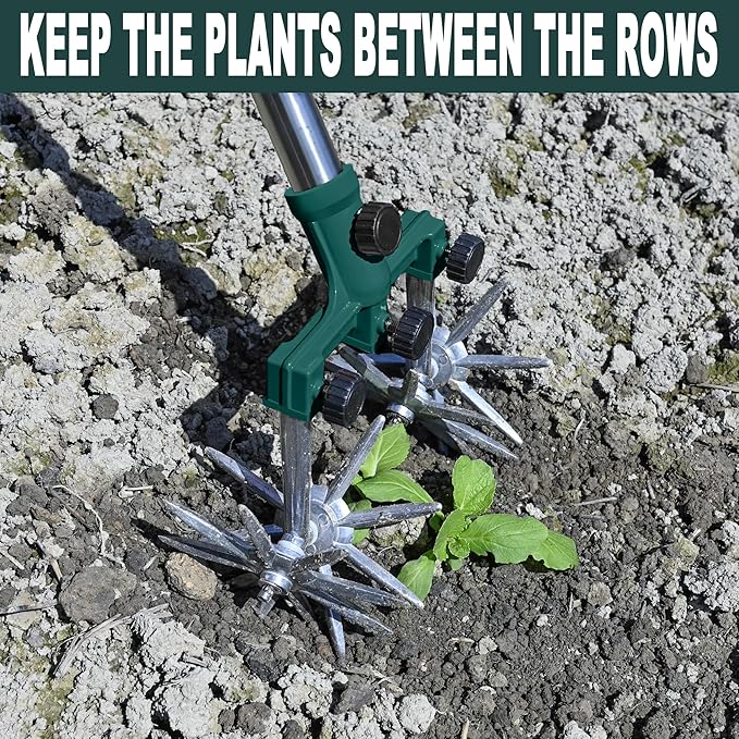 Rotary Cultivator Garden Rotary Tiller Adjustable Stainless Steel Poles Hand Tiller for Soil Mixing or Reseeding Grass Lawn Tiller Total Length 57 Inch