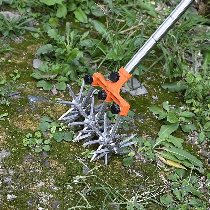 Rotary Cultivator Garden Rotary Tiller Adjustable Stainless Steel Poles Hand Tiller for Soil Mixing or Reseeding Grass Lawn Tiller Total Length 57 Inch