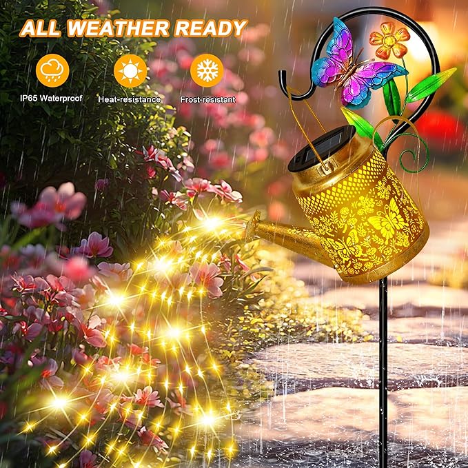 Christmas Gifts Solar Watering Can Lights Outdoor Garden Decor, Large Butterfly Hanging Lantern with Shepherd Hook, Waterproof Garden Lights for Outdoor Landscape Pathway Yard, Gift for Mom Grandma