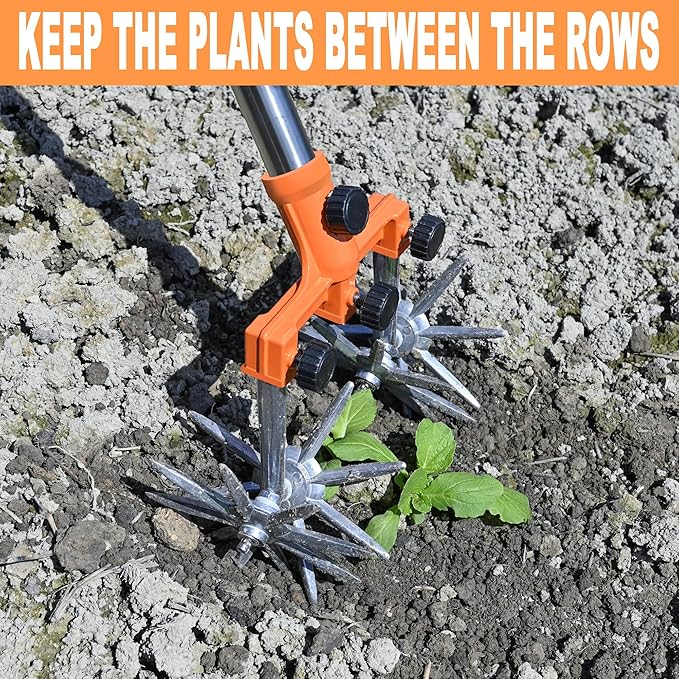 Rotary Cultivator Garden Rotary Tiller Adjustable Stainless Steel Poles Hand Tiller for Soil Mixing or Reseeding Grass Lawn Tiller Total Length 57 Inch