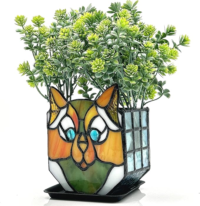 Cat Flower Pots for Indoor Plants,Stained Glass Plant Displays,Cat Succulent Planter,Candle Holder Container Decoration,4.6x5.15x2.3 in (Without Succulents)