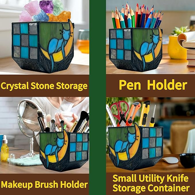 Tiffany Stained Glass Unique Moon Sleeping Blue Cat Planter,Indoor Plant Pots with Drainage,Cute Cat Planter Pots,Decorative Plant Pots, Dried Flowers Pot,Cute Gardening Gifts