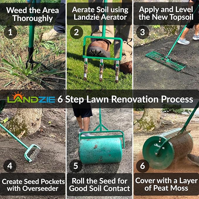 Landzie - The Original Spike Tine Fork Lawn Aerator - 42 Inch Manual Stainless Steel Gardening Hand Tool - Grass Dethatcher Aerator Lawn Tool with Solid Tines for Compacted Soil