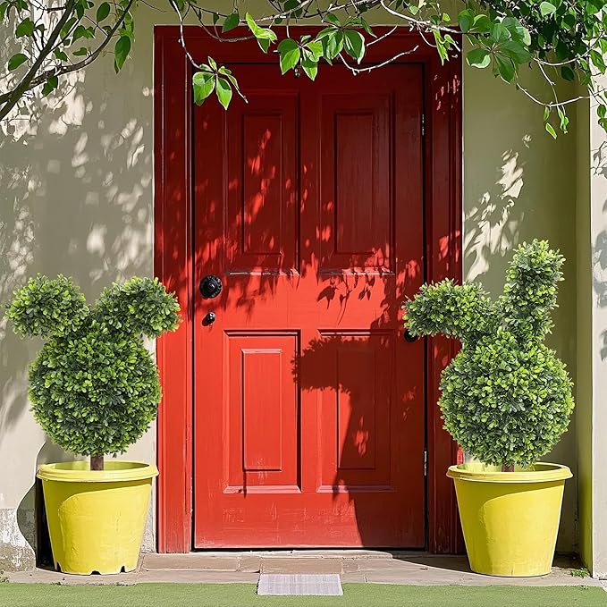 Damomo 27'' Artificial Bunny Shaped Topiary Trees with Ground Spike Set of 2, Outdoor Indoor Faux Boxwood Topiary Ball Bushes Potted Fake Shrubs Front Porch Decor Outside Garden