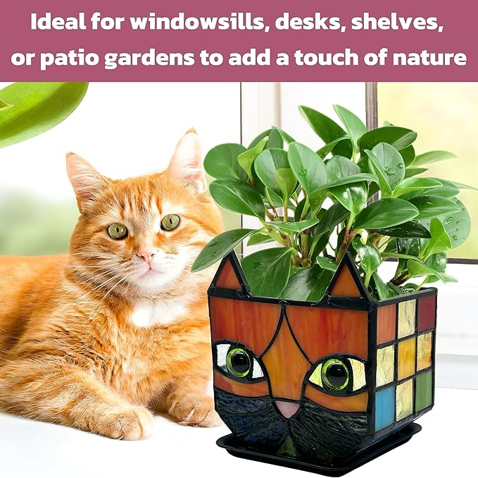 Stained Glass Cat Planter,Indoor Plant Pots with 6mm Drainage Hole, Cute Flower Pots for Plants, Orange Cat Gifts for Women,Small Decorative Planters for Indoor Plants