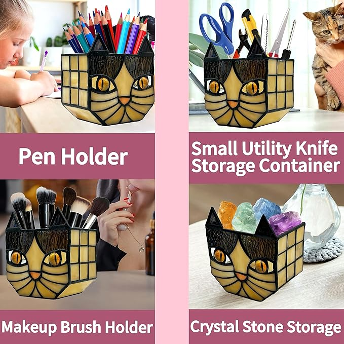 Yellow Cat Plant Pot with Drainage,Cute Planters for Indoor Plants,Stained Glass Cat Flower Pots,Fun Candle Holder Glass Container,Gifts for Gardeners Woman