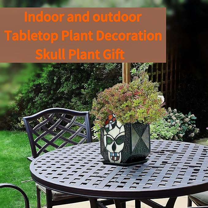 Tiffany Stained Glass Skull Planter,Planters for Indoor Plants,Skull Flower Pot,Candy Bowl,Halloween Planter Decorations 4.6x3x5.15 in