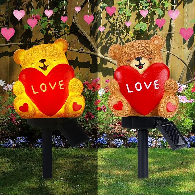 VIHOSE Valentine's Day Solar Bear with Heart Garden Stake Lights Love Themed Bear with Heart Outdoor Solar Lights Waterproof Statue Figurine Garden Art for Home Patio Outdoor Decoration