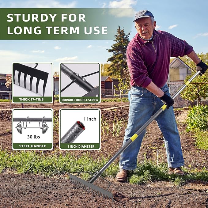 8 Piece Stainless Steel Gardening Tool Set - 17 Tine Heavy Duty Rake, 5 Piece Hand Tool Kit, Pruning Shears, and Gloves - All Season Gardening Essentials