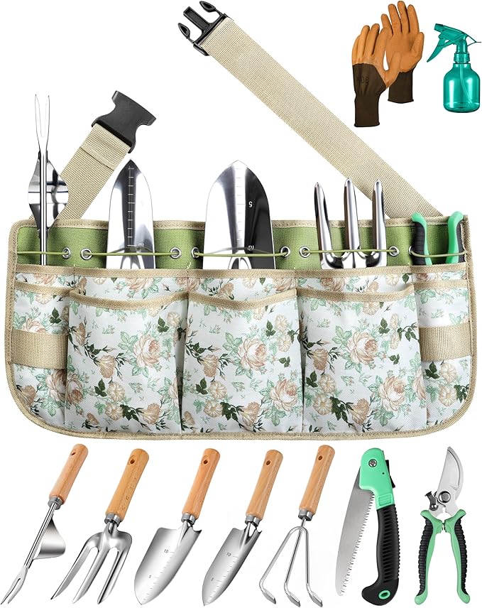 All-in-One Garden Tool Set with Tools Organizer Belt Adjustable, 10-Piece Gardening Hand Tools, Long Lasting Rust-Proof Premium Garden Tool Kit, Gardening Gift for Women Men (Green)