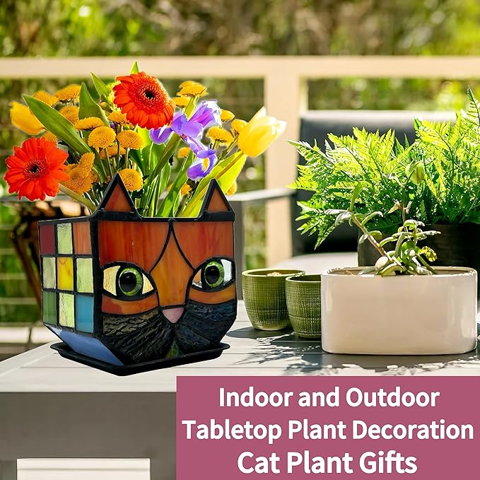 Stained Glass Cat Planter,Indoor Plant Pots with 6mm Drainage Hole, Cute Flower Pots for Plants, Orange Cat Gifts for Women,Small Decorative Planters for Indoor Plants