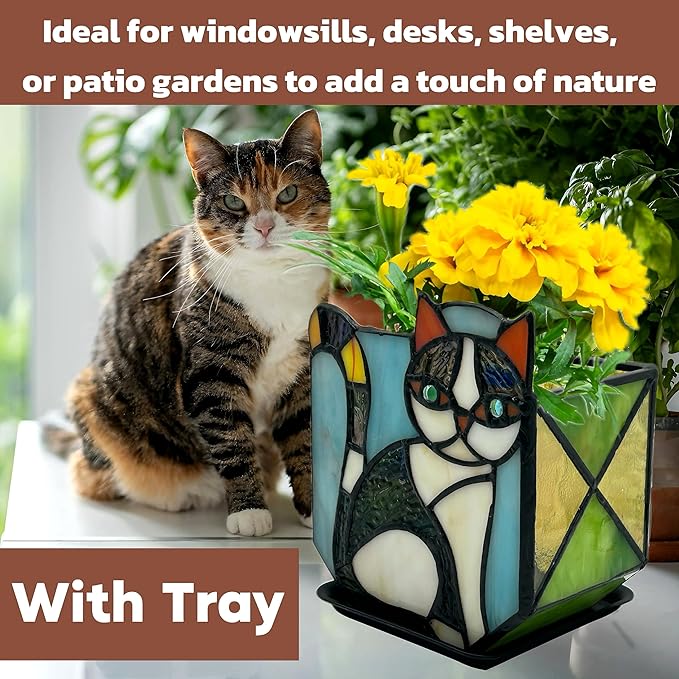 Handmade Stained Glass Indoor Plant Pot,Flower Pots with Drainage Holes,Black Orange Cat Planter Pot, Cute Succulent Pots,Plant Lover Gifts for Women (with a Gift Box)