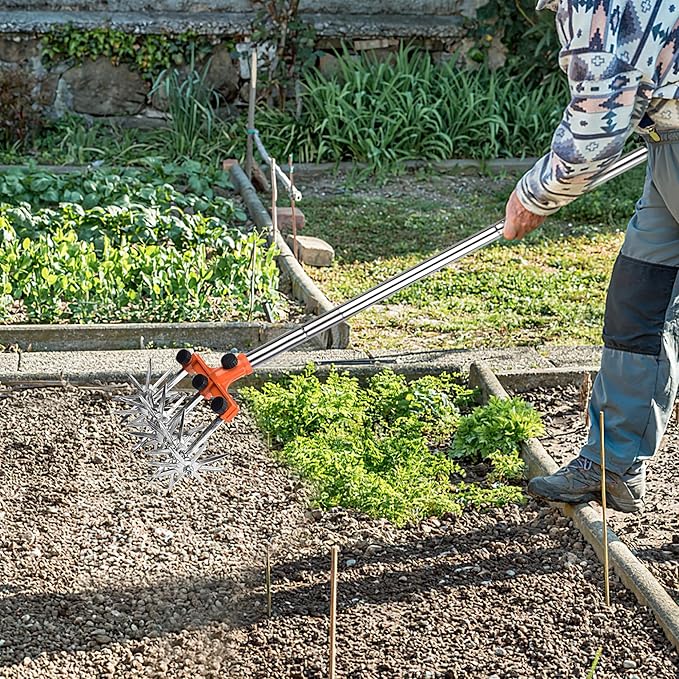 Rotary Cultivator Garden Rotary Tiller Adjustable Stainless Steel Poles Hand Tiller for Soil Mixing or Reseeding Grass Lawn Tiller Total Length 57 Inch