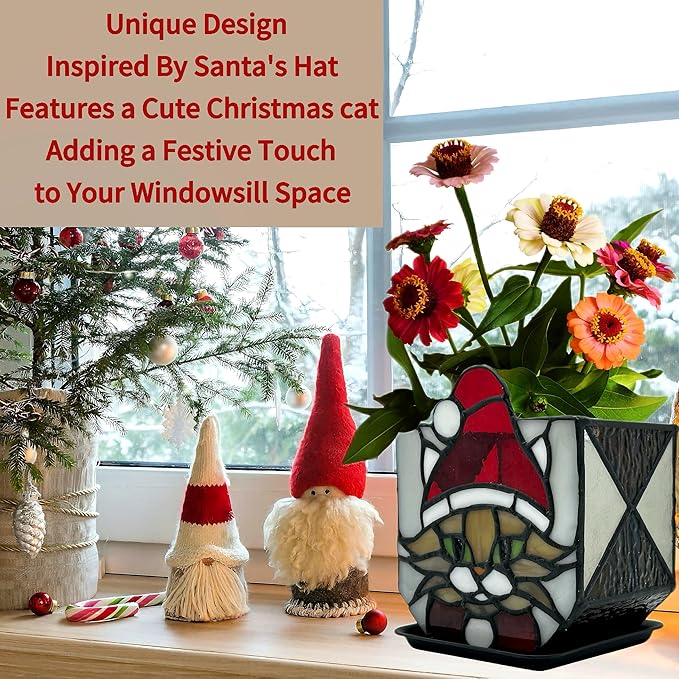 Stained Glass Christmas Cat Planter，Cute Planters for Indoor Plants,Decorative Plant Pots,Christmas Candle Holder,Plant Lady Gifts