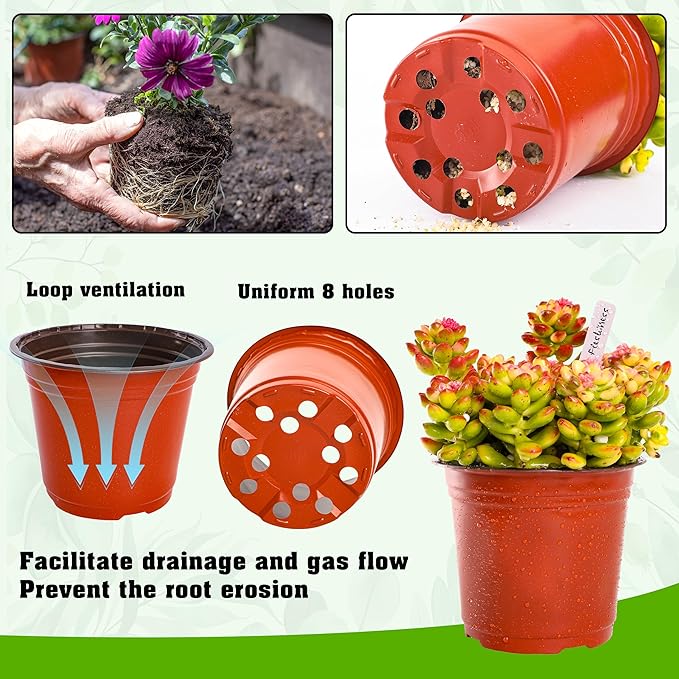 TDHDIKE 6 Inch Plastic Plant Nursery Pots (100pcs Pots and 100pcs Plant Labels) Seedling Flower Plant Container (Red) Seed Starting Pots Indoor/Outdoor
