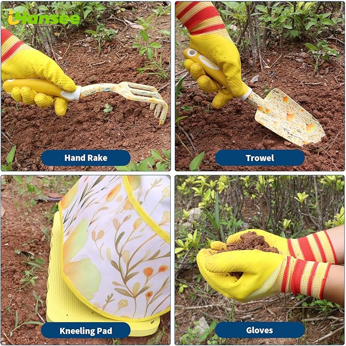 10-Piece Yellow Gardening Tools, Thanksgiving/Christmas/White Elephant Gifts for Women Adults, Birthday Gardening Gifts for Mom Grandma Gardener Wife, Floral Garden Tool Sets with Garden Tote