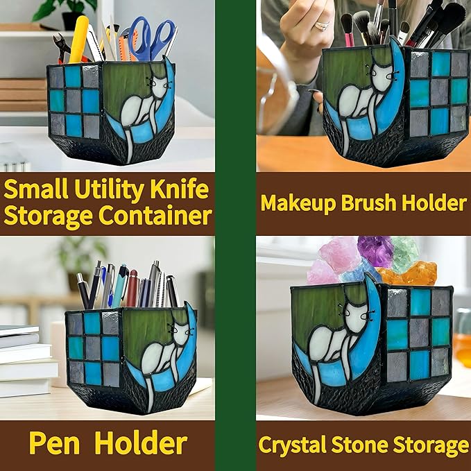 Tiffany Stained Glass Funny Moon Sleeping Cat Planter,Flower Pots for Indoor Plants,Plant Pot with Drainage,Cute Grey Cat Plant Pots,Gifts for Plant Lovers,4.6x3x5.15 in