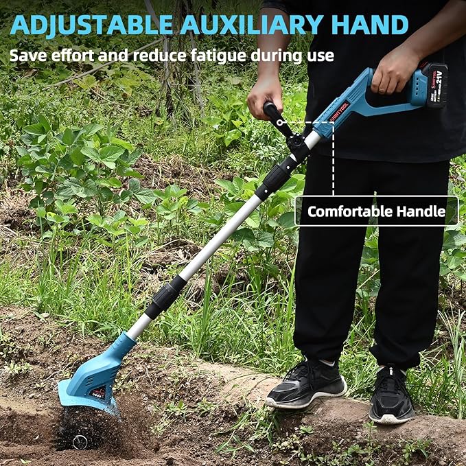 21v Cordless Tiller, 8-Inch Wide 4.0 Ah Battery Powered Garden Cultivator, Cultivator with Steel Tines and Battery Capacity Display, Rototiller for Lawn/Gardening/Soil Cultivation (Blue) by Shintyool