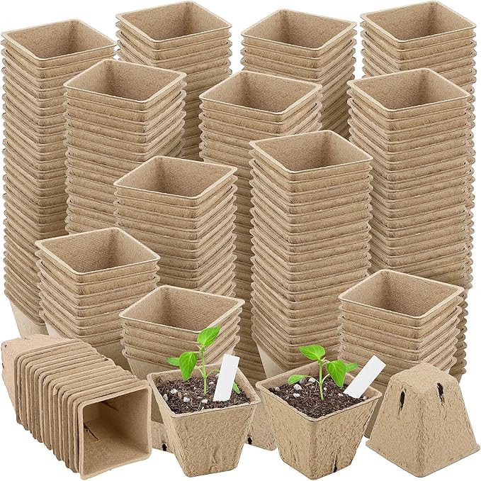 300 Pieces Peat Pots Plant Starters 2.3 Inch Square Peat Pots for Herb Seedlings Garden Germination Nursery Pots Organic Germination Plant Starter with Plant Markers Labels for Plants Supplies