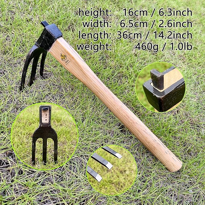 14 inch Japanese Hand Tiller/Rake for Garden, 3-tines Cultivator, Without Welding, Oak Handle, for Digging, Soil Preparation, Chopping Through Roots and Hard Soil and Other Gardening tasks