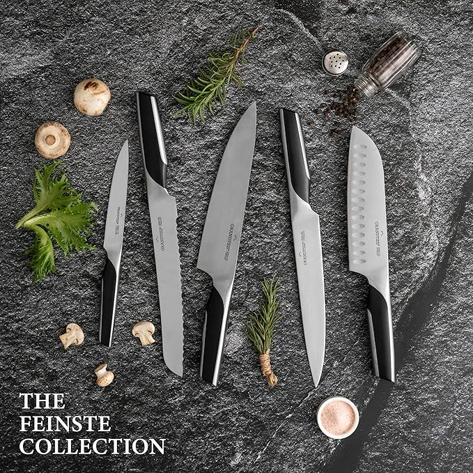 GRANDTIES 7-Piece Professional Kitchen Knife Set with Block, Kitchen Knives Sharpener | High Carbon German Stainless Steel, Ultra Sharp Chef Knife Set, Ergonomic Handle, Paring Knife, Carving